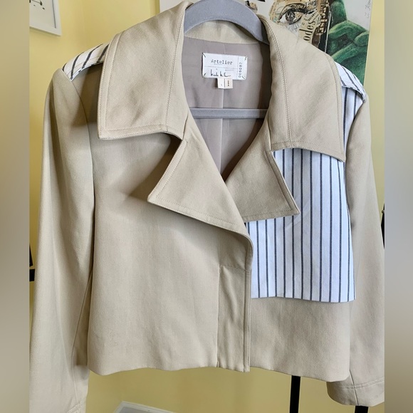 NICOLE MILLER Caprivi Striped Jacket in Khaki with Contrast Panel, Size Large - Picture 12 of 13